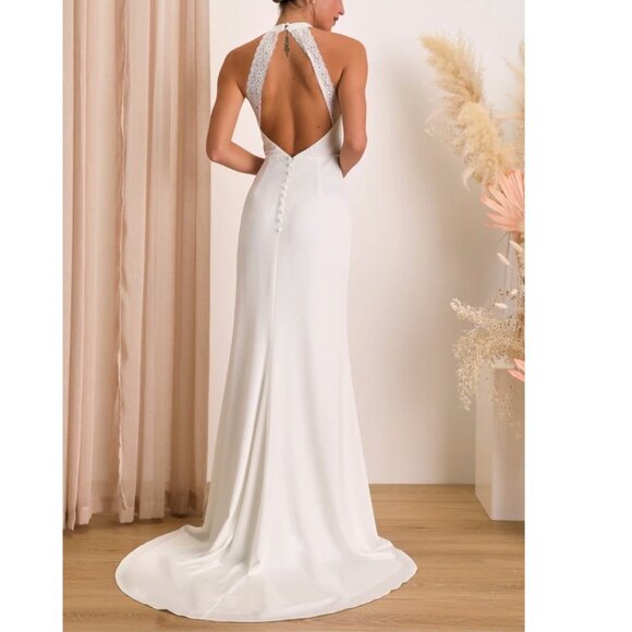 Lulu's Radiant Adoration White Satin Lace Backless Halter Maxi Dress Small NWT - Picture 7 of 11